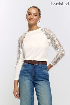 River Island Cream Lace Detailed Long Sleeve Top (B06571) | €21.50