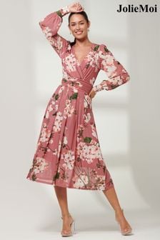 淺粉紅 - Jolie Moi Rayla前交叉網紗中長款洋裝 (B06703) | NT$2,800
