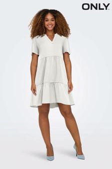 ONLY White Linen Blend Tiered Smock Dress (B06720) | OMR18