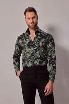 Hawes & Curtis Green Leaf Print Slim High Collar 100% Cotton Shirt (B06813) | $118