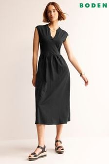 Boden Black Petite Chloe Notch Jersey Midi Dress (B07090) | SGD 126