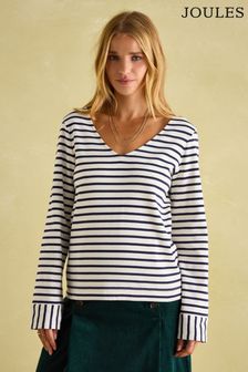 Kremowy/granatowy - Joules Harbour V-neck Jersey Top (B07179) | 210 zł