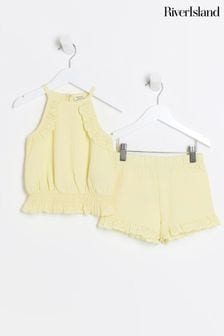 River Island Yellow Girls Broderie Top and Shorts Set (B07245) | 89 QAR