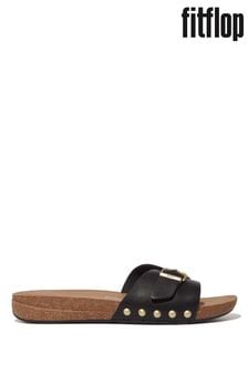 FitFlop iQushion Adjustable Buckle Leather Black Slides (B07730) | LEI 507