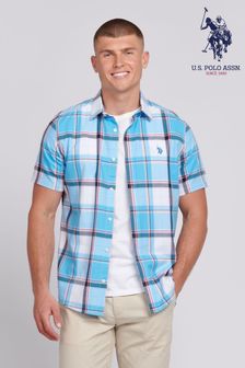 U.S. Polo Assn. Mens Blue Short Sleeve Check Shirt (B10975) | OMR31