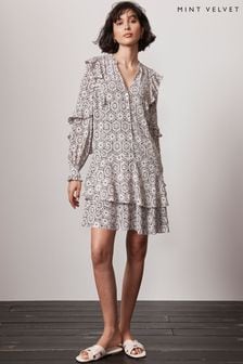 Mint Velvet Cream White Print Ruffle Mini Dress (B11030) | AED660