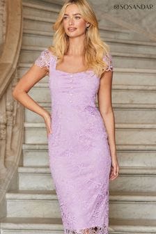Sosandar Purple Lace Pearl Detail Pencil Dress (B11135) | OMR49