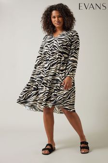 Evans Zebra Print Tiered Black Dress (B11159) | kr660