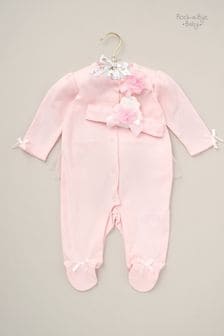 Rock-A-Bye Baby Boutique Pink All-In-One with Tulle Detail & Headband Outfit Set