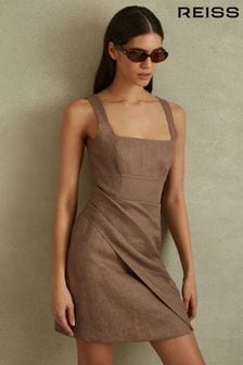 Reiss Brown Piper Linen Pleat Detail Mini Dress (B11746) | OMR134