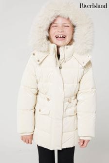 River Island Cream Girls Glam Faux Fur Hooded High Shine Coat (B11805) | $82 - $103