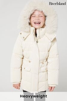 River Island Cream Girls Glam Faux Fur Hooded High Shine Coat (B11805) | $82 - $103