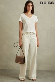 Reiss White Lottie Marled Linen V-Neck T-Shirt (B11815) | 426 QAR