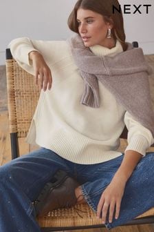 Weiß/Ecru - 100% Wool Premium High Roll Neck Knitted Jumper (B11844) | 93 €