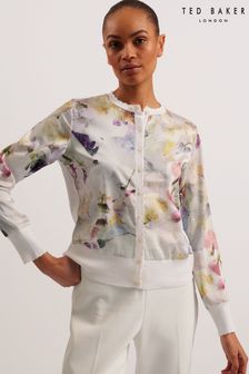Ted Baker Haylou Scallop Trim High Neck Woven Front White Cardigan