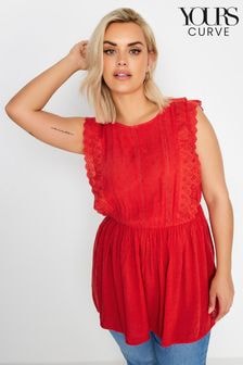 Yours Curve Red 100% Cotton Crinkle Dobby Detail Peplum Top (B11950) | $45