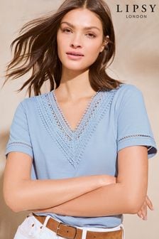Lipsy Blue Crochet Trim V Neck T-Shirt (B12062) | OMR12
