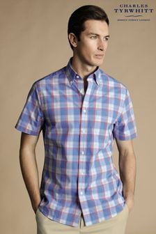 Charles Tyrwhitt Pink Check Short Sleeve Noniron Stretch Poplin Slub Shirt (B12098) | AED360
