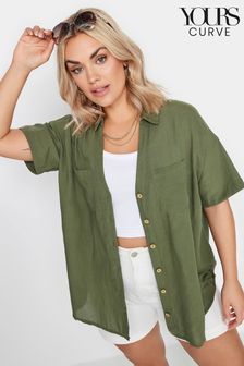 Yours Curve Khaki Green Utility Linen Shirt (B12773) | AED144