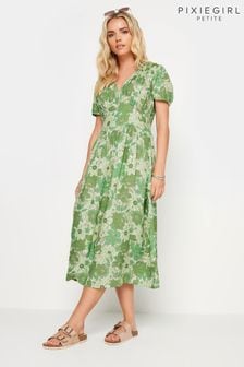 PixieGirl Petite Green Retro Floral Print Midi Dress (B12886) | $67