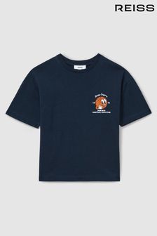 Verwaschenes Marineblau - Reiss Nets Oversized Cotton Basketball Motif Crew Neck T-shirt (B12918) | 43 €