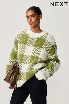 Green Olive Check Crew Neck Knitted Tunic (B14128) | $88