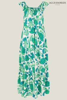 Accessorize Green/White Fan Print Beaded Tiered Dress (B14200) | $121