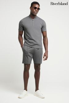 River Island Grey 100% Cotton Short Sleeve Polo T-Shirt (B14205) | $51