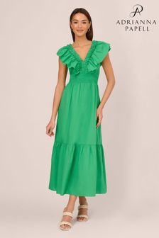 Adrianna Papell Green Ruffle Front Midi Dress