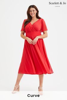 أحمر - فستان متوسط الطول شبكي بكم قصير انسيابي Victoria من Scarlett & Jo (B14553) | 444 د.إ