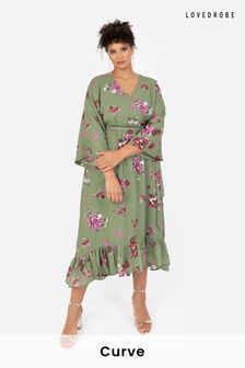 綠色 - Lovedrobe褶飾高低擺裹身和服式連身裙 (B14587) | NT$2,570