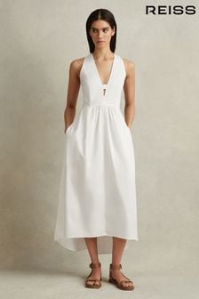 Reiss White Yana Petite Cotton Blend High-Low Midi Dress (B15162) | SGD 408