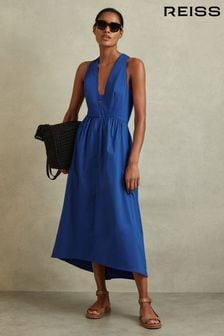 Reiss Cobalt Blue Yana Petite Cotton Blend High-Low Midi Dress (B15391) | SGD 408