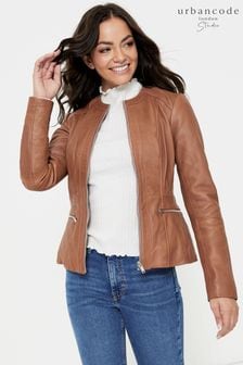 Brązowy - Urban Code Petite Collarless Leather Jacket (B15491) | 940 zł