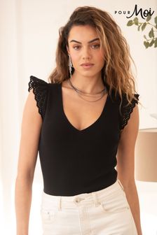 Pour Moi Black Sara Broderie Frill Sleeve Rib Knit Vest (B15506) | AED233