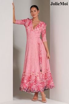 Jolie Moi Pink Peggy Ruched Sleeve Wrap Mesh Maxi Dress (B15526) | 391 QAR