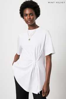 Mint Velvet White Cotton Button Detail T-Shirt (B15696) | OMR23