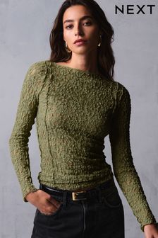 Olive Green Slash Neck Long Sleeve Lace Top (B16010) | kr470