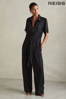 Reiss Black Joanie Belted Utility Wide Leg Jumpsuit (B16091) | $350