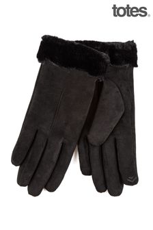 Totes Black Isotoner Ladies One Point Faux Suede Glove with Faux Fur Cuff Detail (B16223) | $44