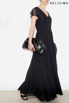 Religion Black Axis Capped Sleeve Maxi Dress With Full Skirt (B16333) | kr1,298