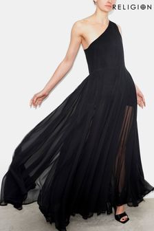 Religion Black Sheer One Shoulder Maxi Dress With Full Skirt (B16355) | $171