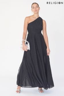 Religion Black Sheer One Shoulder Maxi Dress With Full Skirt (B16355) | $171