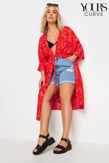 Yours Curve Pink Limited Collection Leaf Print Midi Kimono (B16775) | €49