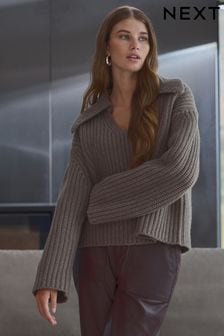 Neutral Brown Mole Premium 100% Wool Chunky Ribbed Knitted Open Collar Jumper (B16927) | 659 SAR