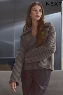 Neutral Brown Mole Premium 100% Wool Chunky Ribbed Knitted Open Collar Jumper (B16927) | $194