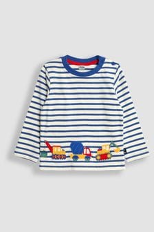 JoJo Maman Bébé Ecru Blue Stripe Construction Appliqué Border Top (B16969) | kr380