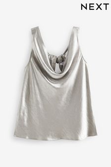 Silver Satin Textured Metallic Tie Back Cowl Neck Top (B17441) | €41.50