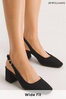 Czarne buty z paskiem na pięcie Jd Williams Flexi Sole na obcasie typu kaczuszka, na szeroką stopę (B17599) | 215 zł