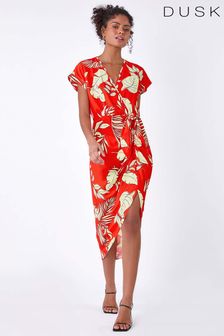Dusk Orange Floral Wrap Tie Detail Dress (B17618) | €60